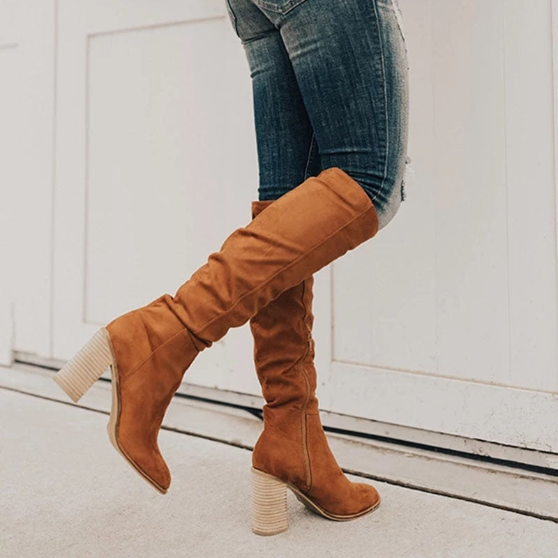 Damen Kniehohe Stiefel - Seitenreißverschluss & Hoher Absatz