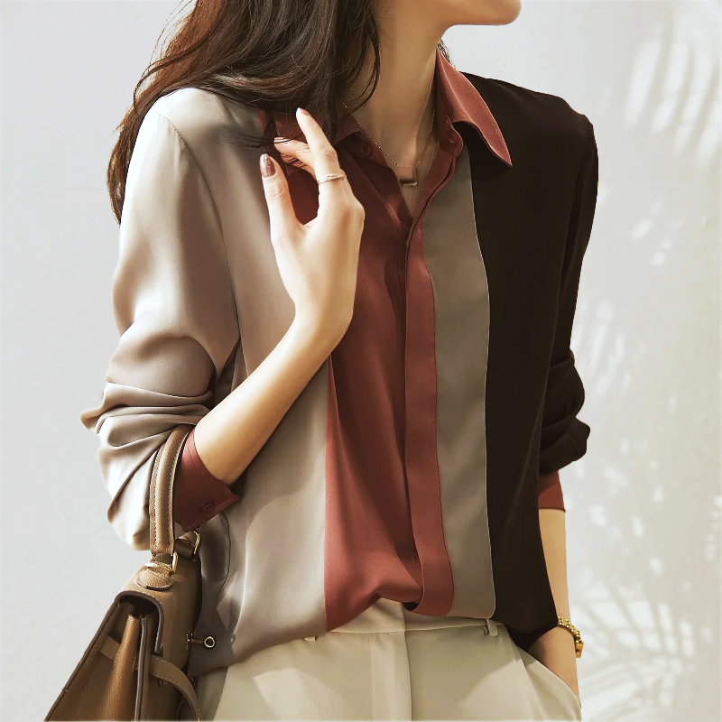 Damen Satinbluse - Color-Block Lässige Passform