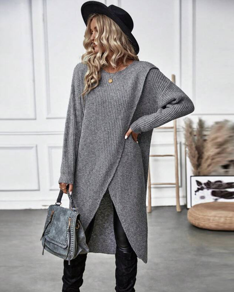 Damen Midi Pulloverkleid - Asymmetrischer Wickel-Stil mit Langarm