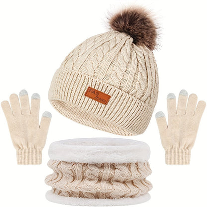 Damen 3-teiliges Winter-Accessoire-Set - Zopfstrick-Mütze, Schal & Handschuhe