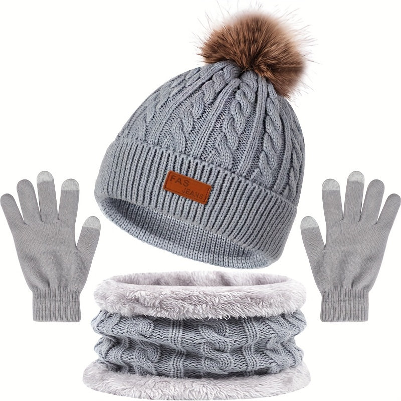 Damen 3-teiliges Winter-Accessoire-Set - Zopfstrick-Mütze, Schal & Handschuhe