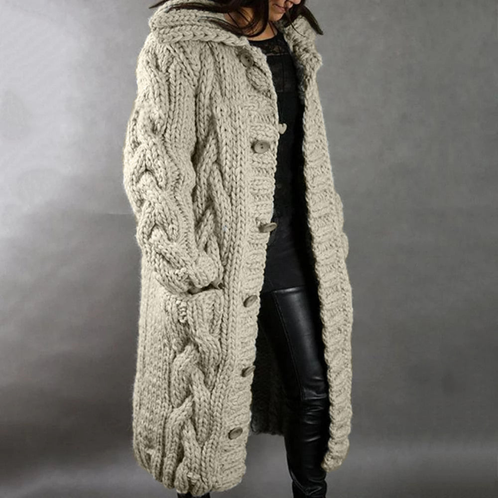 Damen Langer Zopfstrickmantel - Oversized mit Knopfverschluss