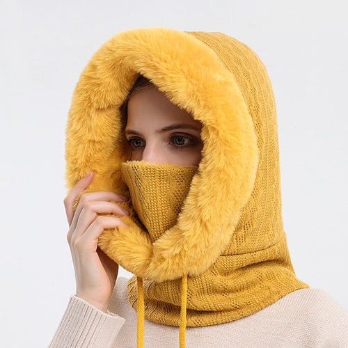 Damen Gestrickte Balaclava Mütze - Hoodie & Plüschbesatz