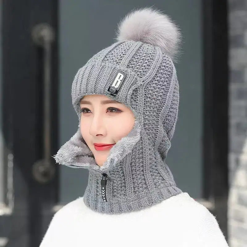 Damen Winter Balaclava Beanie - Strickmütze mit Reißverschluss und Bommel