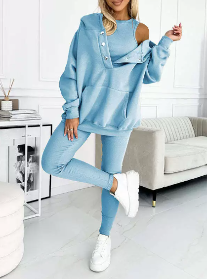 Damen Hausanzug Set - Kapuzenpullover mit Knopfleiste und Hose