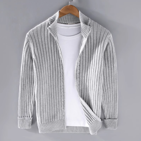 Herren Rippstrick Cardigan – Voll-Reißverschluss mit Stehkragen