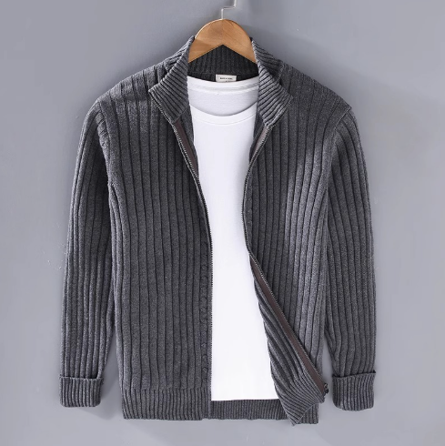 Herren Rippstrick Cardigan – Voll-Reißverschluss mit Stehkragen