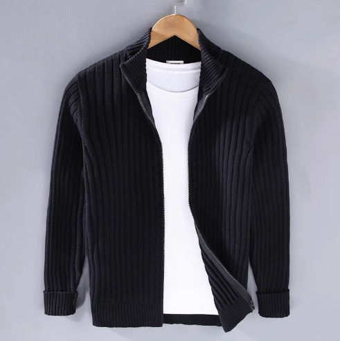 Herren Rippstrick Cardigan – Voll-Reißverschluss mit Stehkragen