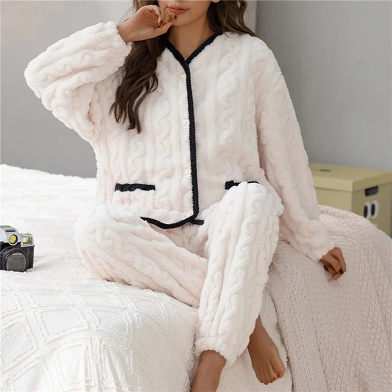 Damen Zopfmuster Cremefarben Pyjama-Set - Strukturierte Knopfleisten-Shirt & Hose