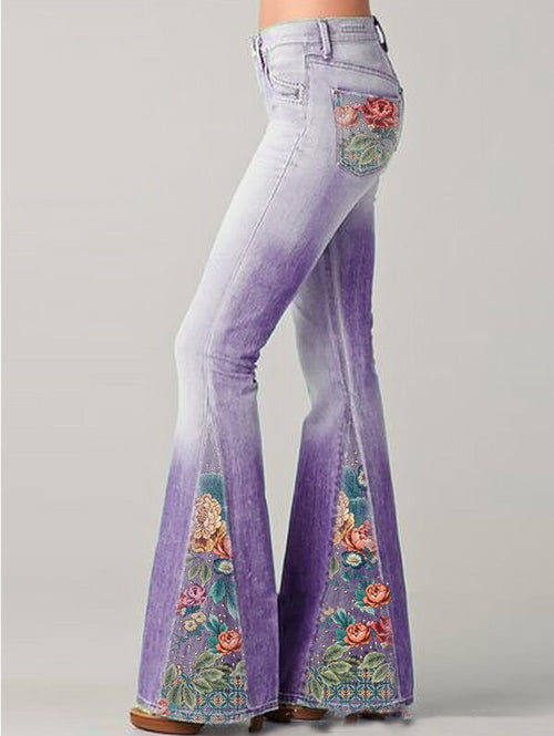 Damen Bestickte Schlagjeans  - Blumenmuster