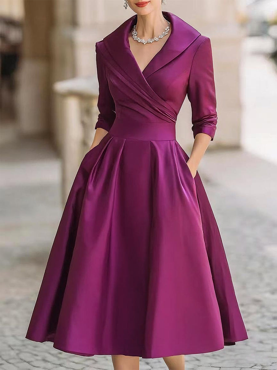 Damen A-Linien Midi Kleid - Plissierter Rock mit Taschen