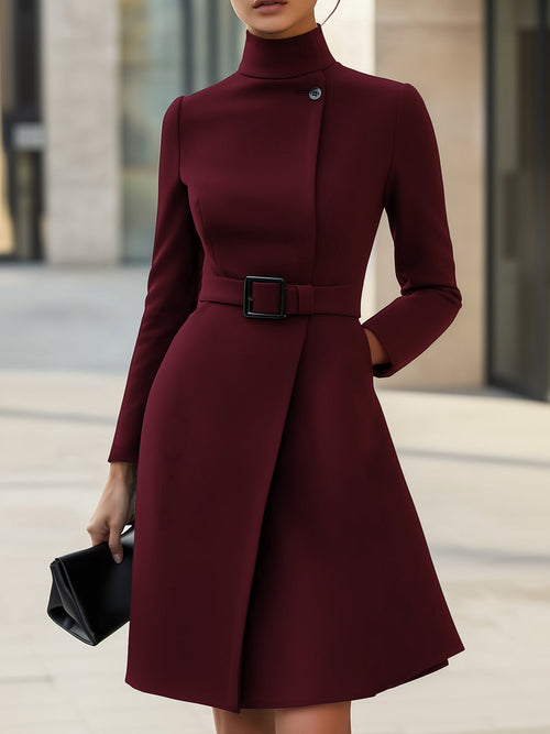 Damen Gürtel Mini Kleid - A-Linie & Stehkragen