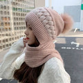 Damen Strickmütze mit befestigtem Schal - Winter-Pompon-Sturmhaube
