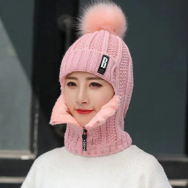 Damen Winter Balaclava Beanie - Strickmütze mit Reißverschluss und Bommel