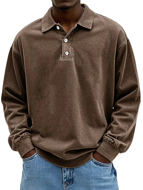 Herren Distressed Langarm Polohemd - Relaxte Passform