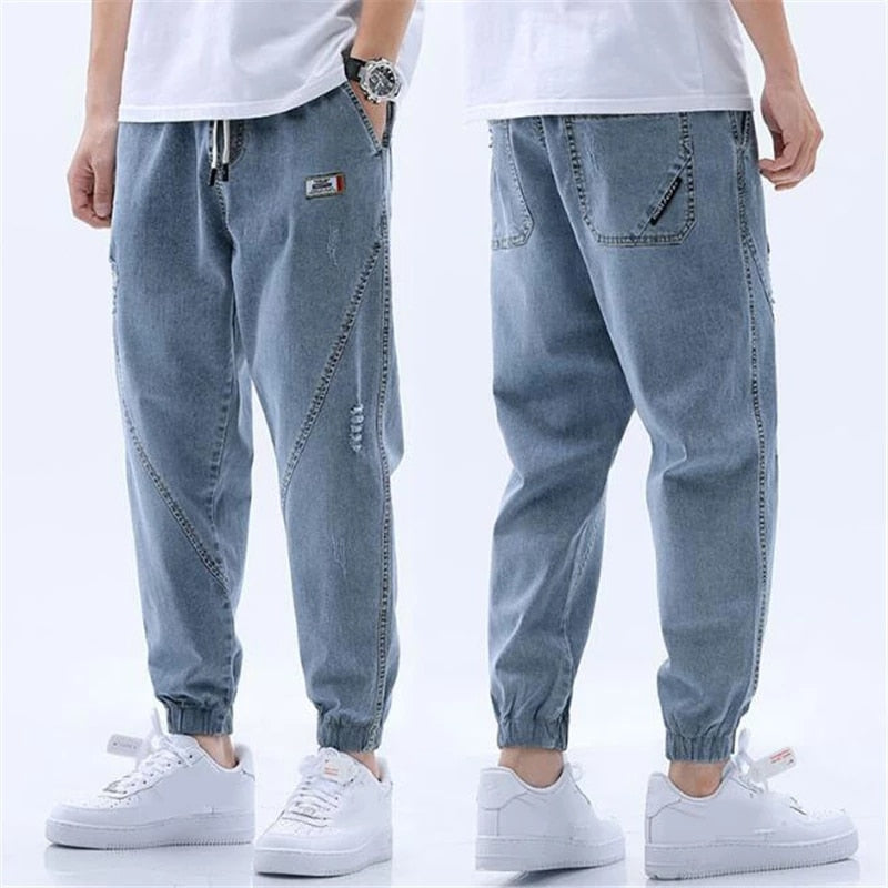 Herren Jogger Jeans mit Weitem Bein - Elastischer Bund mit Kordelzug