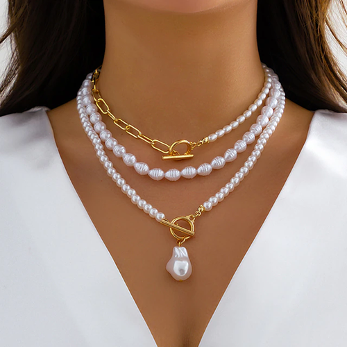 Damen Halsketten Set - Perlenreihen mit Knebelverschluss